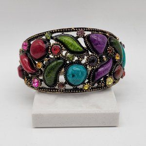 Multicolored Rhinestone Cabochon Hinged Bracelet Brass Filigree Clamper Bangle